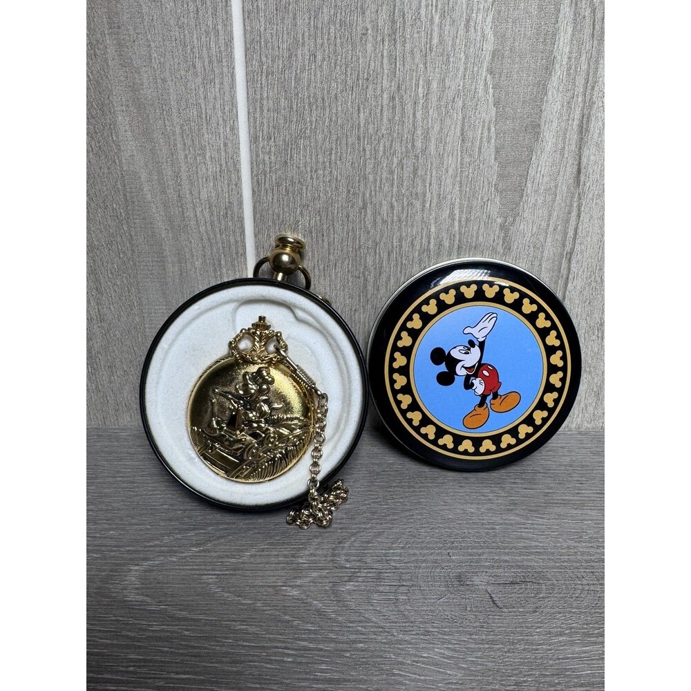 Disney Verichron Mickey Mouse Gold Tone Pocket Watch Train Conductor Japan MOVT